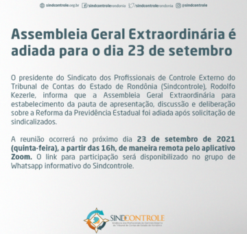 Assembleia Geral Extraordinária é adiada para o dia 23 de setembro