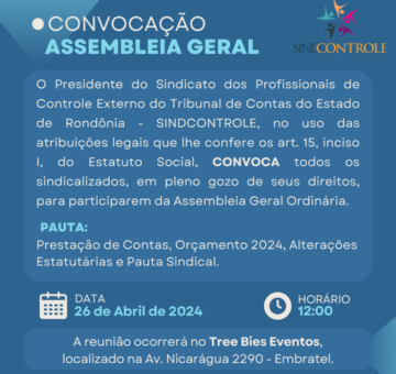 Convocamos todos os sindicalizados para participarem da Assembleia Geral no dia 26 de Abril às 12h, a reunião acorrerá no Tree Bies Eventos, localizado na Av. Nicarágua, 2290 – Embratel.